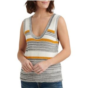Lucky Brand Black, White, and Gold Striped Sleeveless Cotton Sweater, Size Small